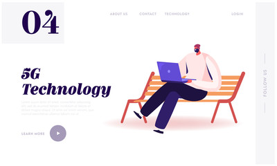 High-speed 5G Internet Technology Website Landing Page. Young Man Sitting on Bench with Laptop in Hands Communicating Online in Social Media Network Web Page Banner. Cartoon Flat Vector Illustration