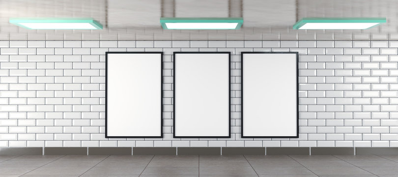 three vertical billboard frames as mockup, rendered in 3D