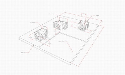 Technical drawing three houses, perspective, on a plane with size indicators