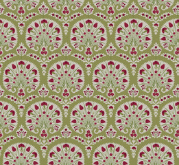 Floral seamless fabric pattern. Flourish tiled oriental ethnic background. Arabic ornament with fantastic flowers and leaves.