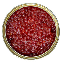 Red caviar in the open container isolated on white.