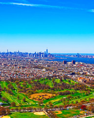 New York City aerial Panoramic view with urban skyline and residential buildings in Downtown Brooklyn. NYC, USA. Cityscape. American Panorama of Metropolis. NY in US. East River. Prospect Park