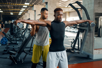 Fototapeta na wymiar Two athletic men doing exercise with dumbbells