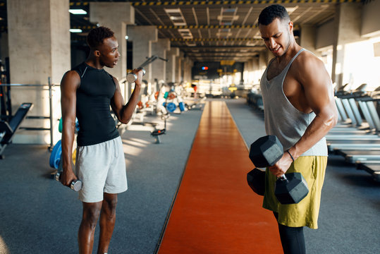 Two tired athletes doing exercise with dumbbells