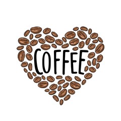 Coffee beans composition heart shaped. Vintage vector color engraving