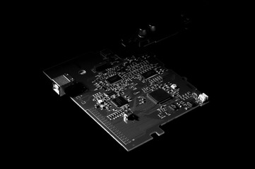 close up of antique zip drive circuit board on dark background