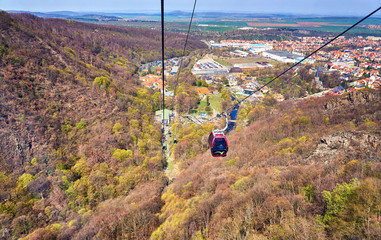 View of the city of Thale from the cable car gondola. Saxony-Anhalt, Harz, Germany