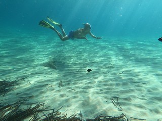 underwater man snorkeling in the sea withcrystal-clear waters concept of holiday relax summer beach diver in the sea