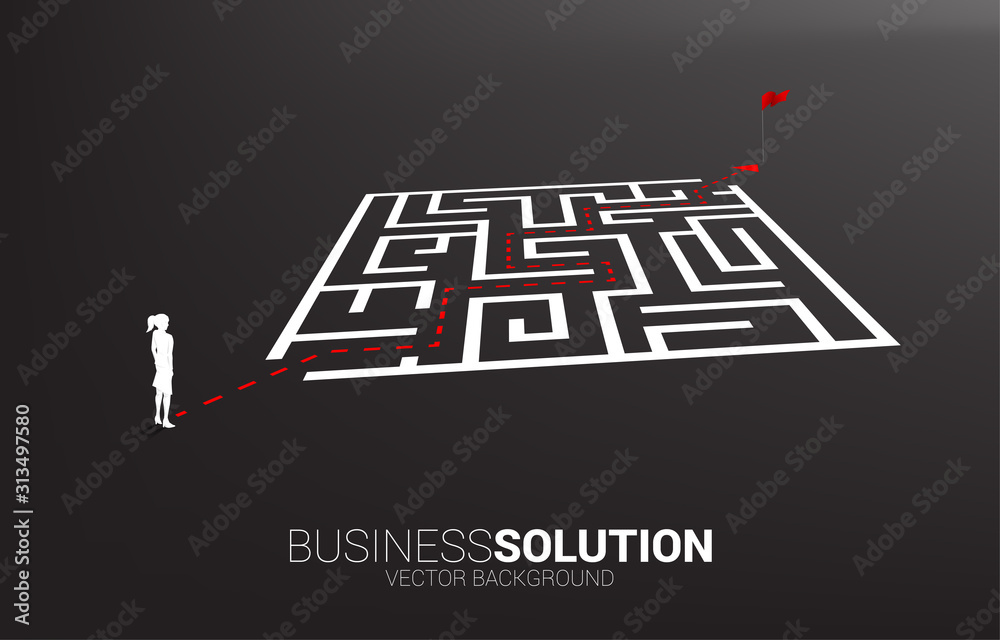 Aufkleber Silhouette of businesswoman with route path to exit the maze to light bulb. Business concept for problem solving and finding idea.