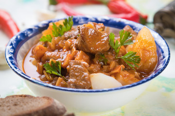 Beef goulash served in bowl