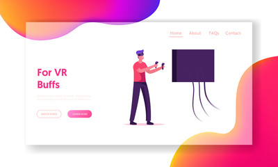 Future Technology Entertainment Industry Website Landing Page. Man Gamer Playing Video Game in VR Goggles Shooting with Guns. Gaming Virtual Reality Web Page Banner. Cartoon Flat Vector Illustration