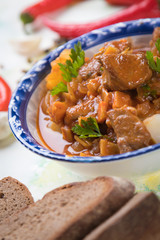 Beef goulash served in bowl