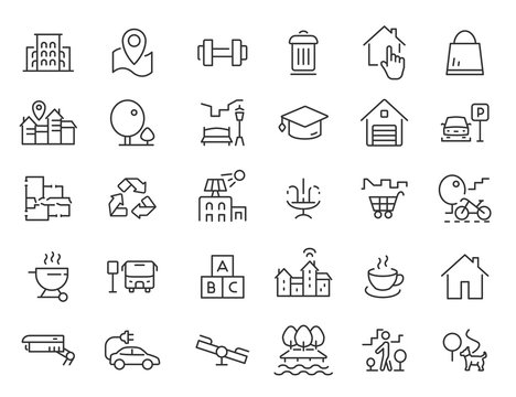 Set of linear residential complex icons. Infrastructure icons in simple design. Vector illustration