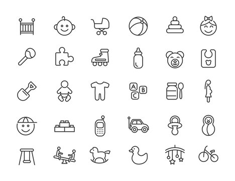 Set of linear baby icons. Newborn icons in simple design. Vector illustration