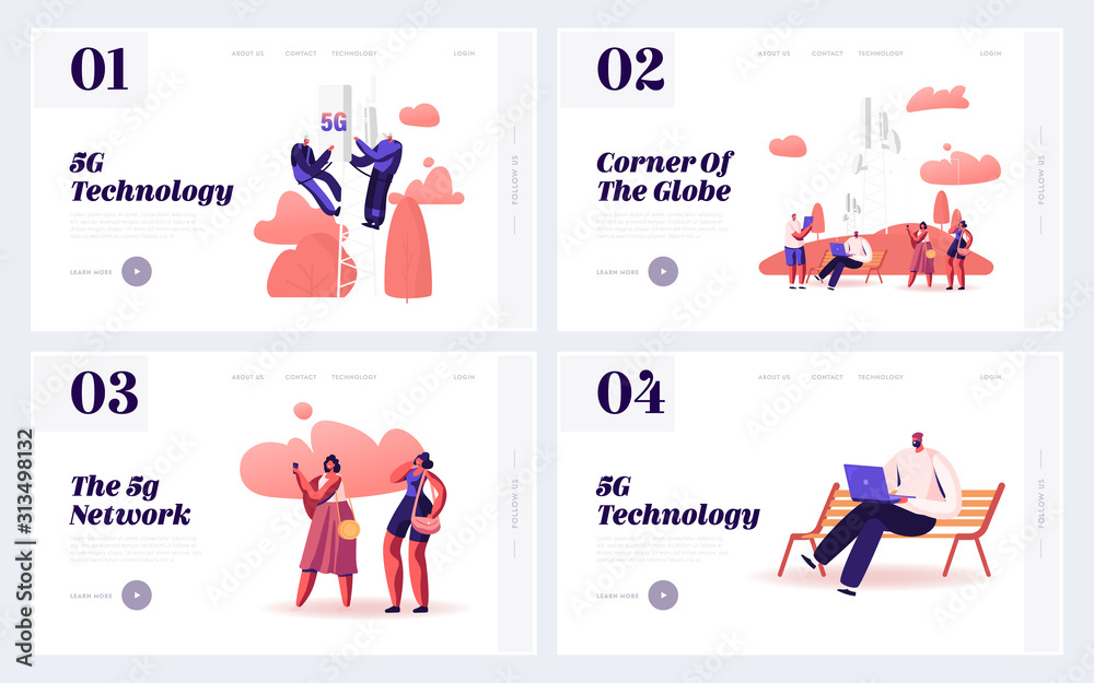 Poster 5g networks global technologies website landing page. people using new generation of connection for 