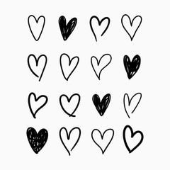 Vector set of doodle hand drawn isolated hearts icons. Design elements