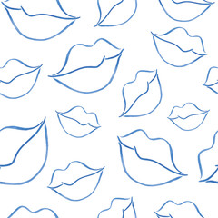 Seamless pattern with watercolor painted lips. Transparent blue elements on a white background