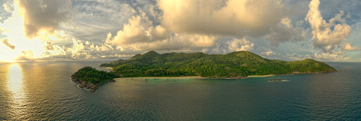 Panoramatic landscape Seychelles island Mahe in Indian ocean, beautiful blue sea with waves, sand beaches and green forest in the tropical paradise. Travel pictures © phototrip.cz