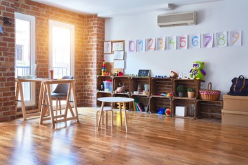 Beautiful games corner and desk at kindergarten