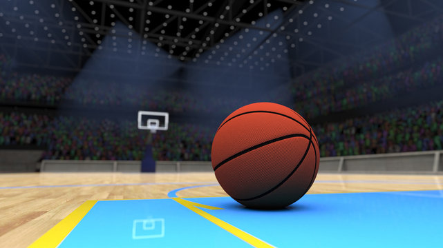 Basketball ball on parquet floor in game stadium arena 3d render
