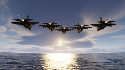 f35 jets flypast formation over the ocean low attitude flying 3d render - obrazy, fototapety, plakaty