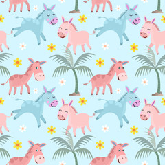 Cute donkey running and playing on blue background with coconut tree in summer.