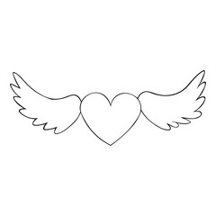 A heart with wings. Wide scope.  Valentine day. Colorless background. Coloring book for children.  Festive print.                                                       