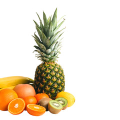 Assortment of tropical fruits, sliced and whole kiwi, orange, banana, tangerine, lemon, pineapple, grapefruit isolated on white background