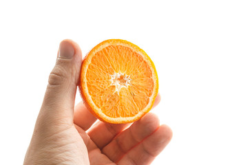 Hand holds sliced half of orange fruit isolated on white background, copy-space