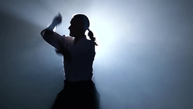 Silhouette of the master martial arts Aikido training isolated on Spotlights background. Slow motion. Close up.