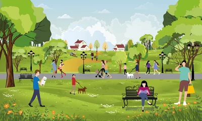 Foto op Plexiglas Ochtend stadspark met meisje dat de hond uitlaat, jonge jongen die aan de telefoon praat, vrouwen die op de bank zitten en een boek lezen, stadslevensstijl van mensen in de zomer © Anchalee