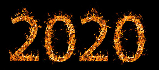 Beautiful fire numbers 2020 with sparks on a black background