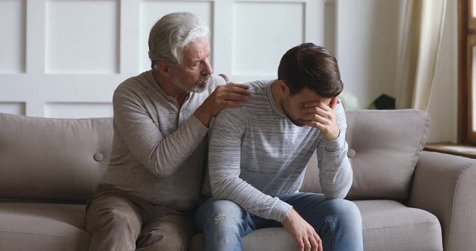 Worried old father say sorry apologizing stubborn young adult son