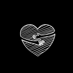 hand drawn Hugging heart isolated on a white background. Heart with hands. doodle style vector