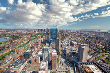 Panoramic aerial view of Boston financial district, historic center, Beacon Hill and Charles River