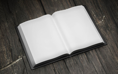 Fototapeta premium Blank empty opened book on dark wood underground 3d render illustration
