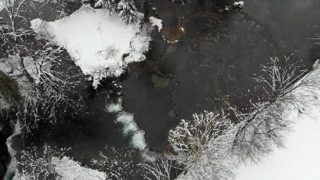 Aerial photo of Rastoke in winter, a village of waterfalls and watermills in Croatia