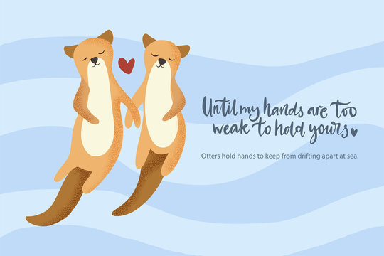 Happy valentine day vector textured animal card in a flat style with quote and real facts about love. Otter aquatic couple swimming together. Romantic illustration.