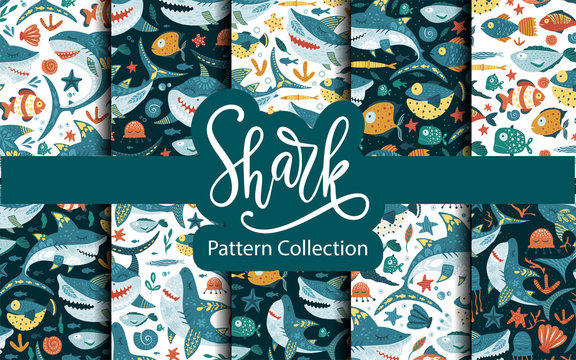 Seamless vector pattern set with cute cartoon funny shark fish in a flat style. Cheerful kid underwater fabric background collection. Baby shark Doo Doo Doo.