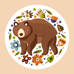 Woodland vector card with cute forest animal in a flat style. Big grizzly brown bear with cartoon floral illustration.