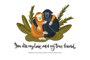 Happy valentine day vector textured gibbon animal card in a flat style with quote and real facts about love. Romantic monkey illustration.