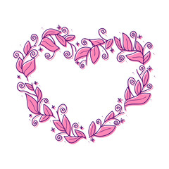 Plakat Floral leaf wreath in shape of heart for Valentine Day and wedding design. Beautiful rustic floral wreath hand drawn and isolated on white. Vector illustration.
