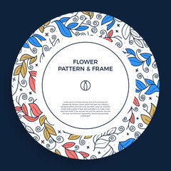 Colorful Hand Drawn Floristic Frame Border with Delicate leaf, Branches, Plants with Circle Geometric Shape. Decorative Outlined Vector Illustration. Floral Design Element with copy space for text