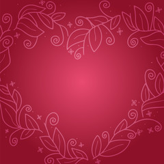 Floral leaf wreath in shape of heart for Valentine Day and wedding design. Beautiful rustic floral wreath hand drawn and isolated on red. Vector illustration.