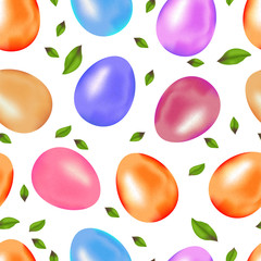 Happy Easter egg vector illustration. Realistic 3d seamless pattern with color real eggs and leaves. Greeting color wrapping background.