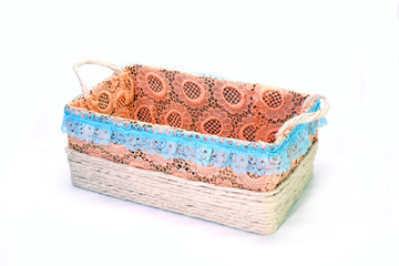 Stationery basket Isolated on white background. Handmade craft recycle stationery basket box decoration with colorful embroidery and hemp rope.