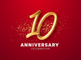 Anniversary celebration design with Golden numbers, sparkling confetti and glitters. Realistic 3d festive illustration. Party event decoration. Vector illustration