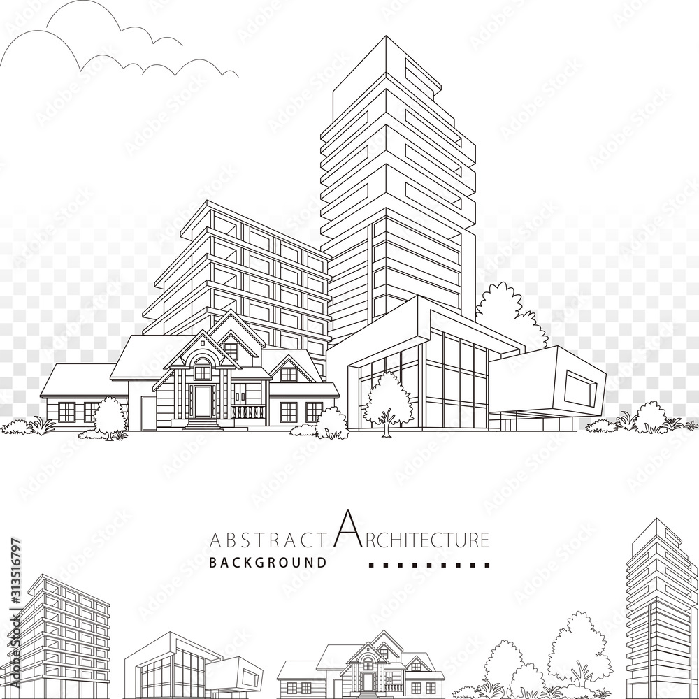 Poster 3d illustration black and white architecture drawing, modern architecture building decorative design