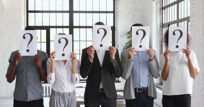 Unemployed business people search new job hide face with questions