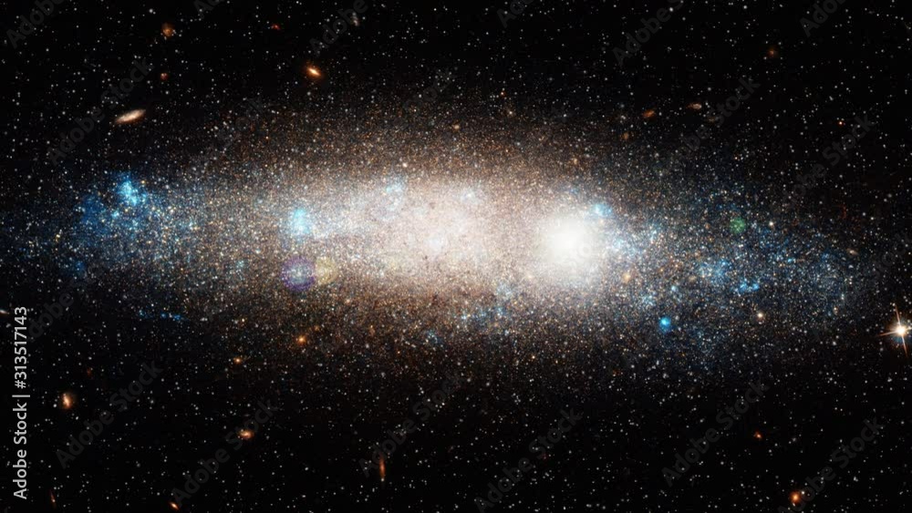 Sticker celestial spiral galaxy in outer space with bright flare light and moving stars. contains elements f